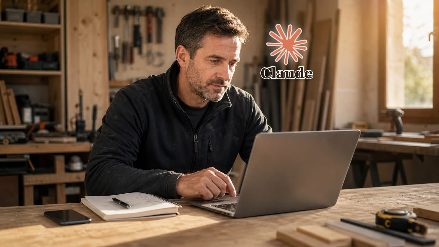 Construction contractor reviewing a quote with Claude on a laptop, in his workshop