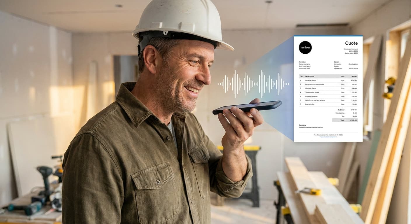 Construction contractor dictating a voice quote into his smartphone on a jobsite