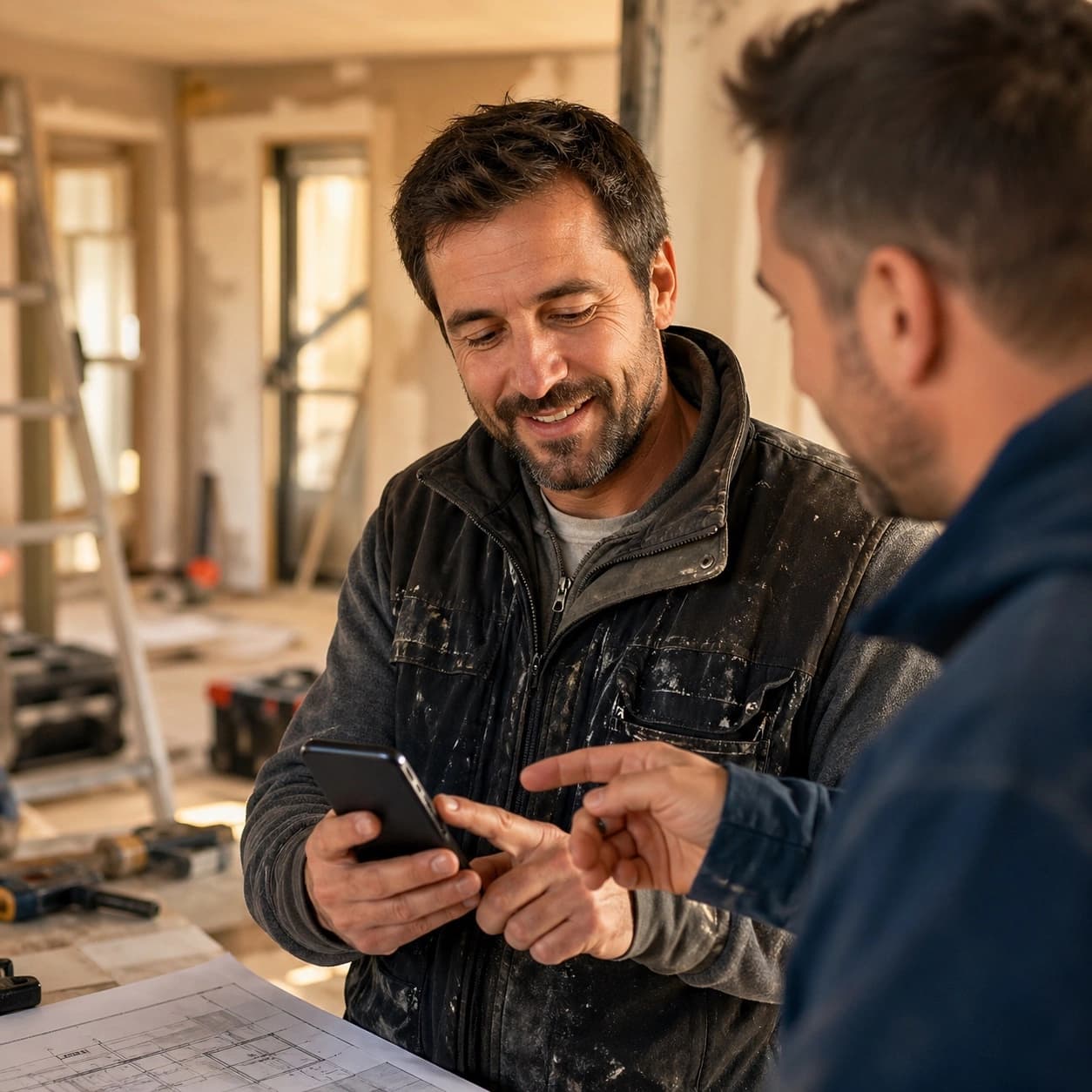 Construction contractor discovering Pylône on a smartphone during the beta