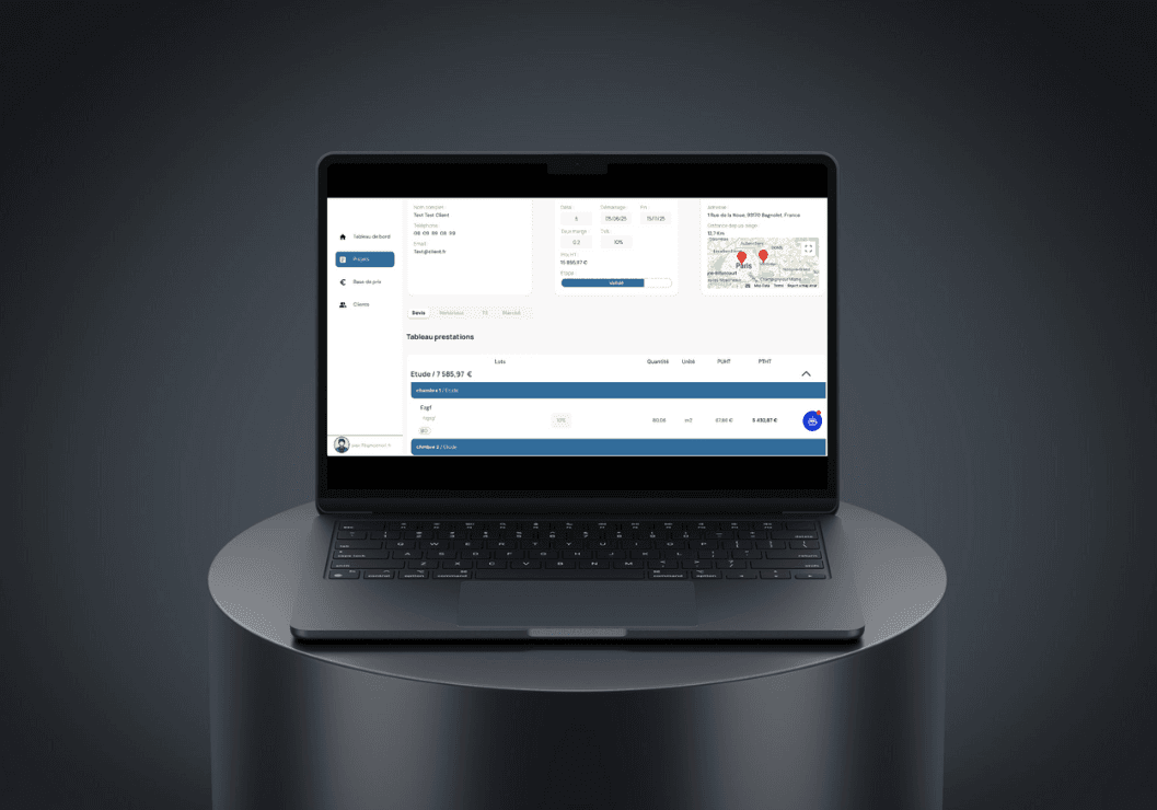 Interface Pylone montrant un devis de construction avec calculs automatiques
